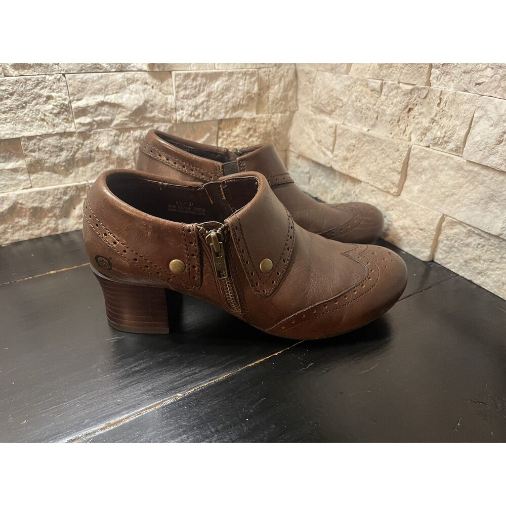 Born Leather Oxford Ankle Bootie Womens 6.5 Sia Brown Wing Tip Retro Heel Shoes